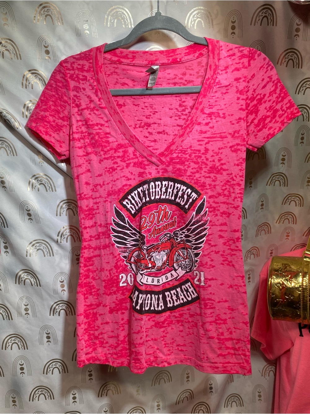 Next Level Apparel Pink Burnout V-Neck Biketoberfest Daytona Beach Tee